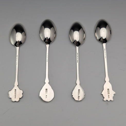 1967 British Vintage Enamel Decorated Sterling Silver Coffee Spoons x 4, Total 48g, Turner & Simpson, Case Included